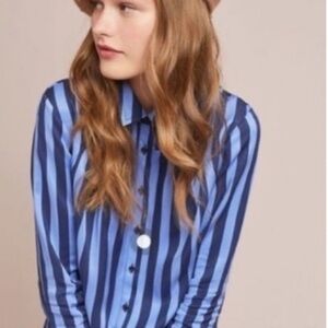 Anthropologie Maeve Women’s Blue Vertical Striped Button Up Shirt Preppy Blouse